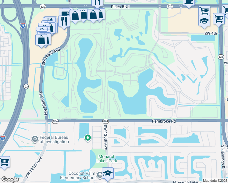 map of restaurants, bars, coffee shops, grocery stores, and more near 1301 Southwest 134th Way in Pembroke Pines