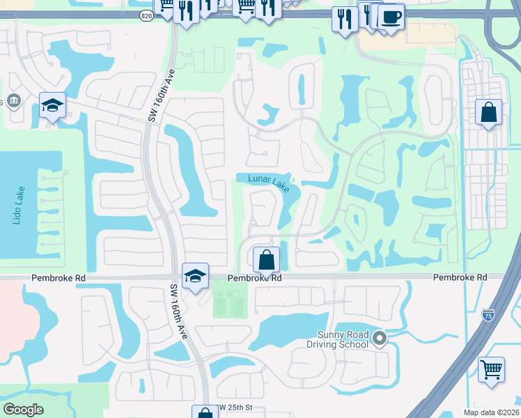 map of restaurants, bars, coffee shops, grocery stores, and more near 15844 Southwest 14th Court in Pembroke Pines