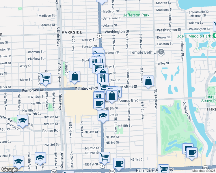 map of restaurants, bars, coffee shops, grocery stores, and more near 616 Moffett Street in Hallandale Beach