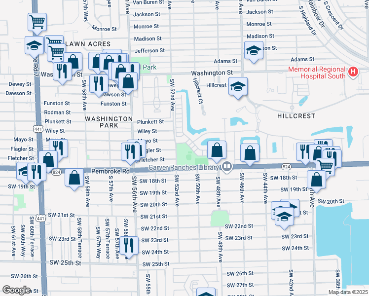 map of restaurants, bars, coffee shops, grocery stores, and more near 5199 Pembroke Road in Hollywood