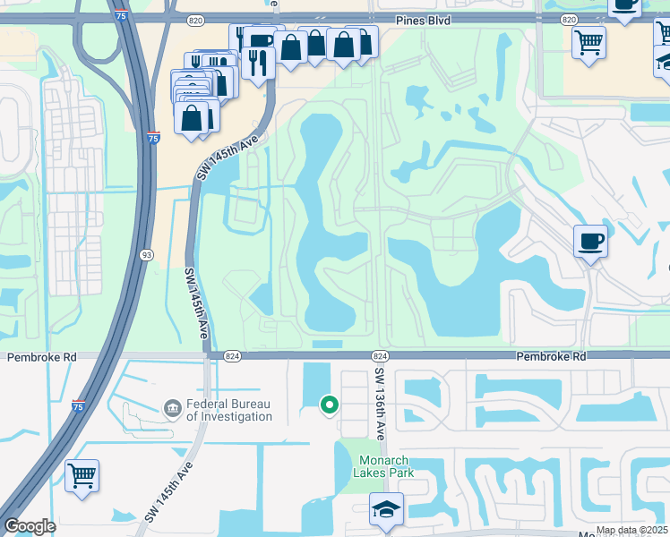 map of restaurants, bars, coffee shops, grocery stores, and more near 13702 Southwest 12th Street in Pembroke Pines