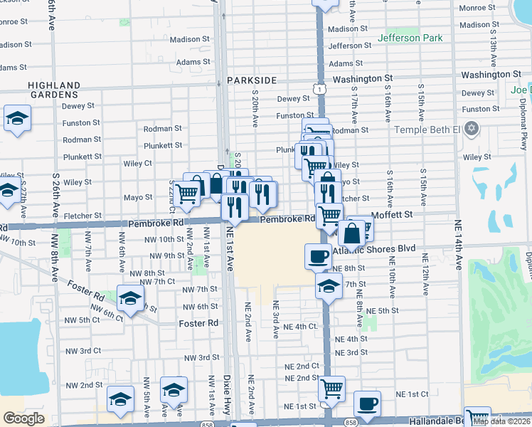 map of restaurants, bars, coffee shops, grocery stores, and more near 1910 Pembroke Road in Hallandale Beach