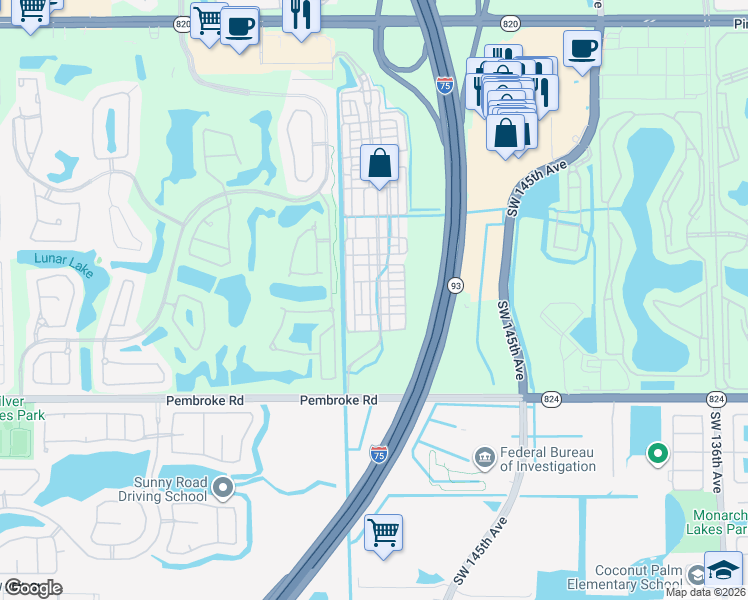map of restaurants, bars, coffee shops, grocery stores, and more near 1425 Southwest 147th Terrace in Pembroke Pines