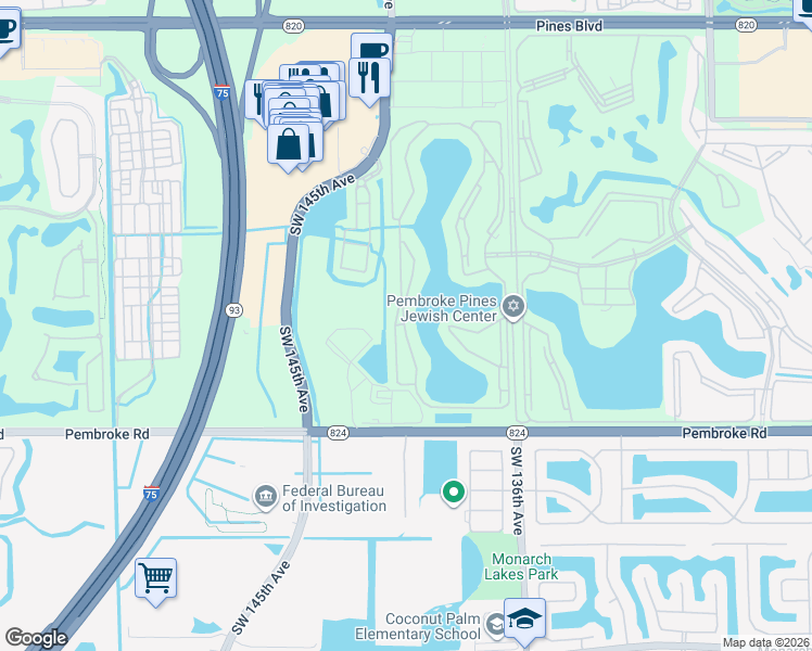 map of restaurants, bars, coffee shops, grocery stores, and more near 1301 Southwest 142nd Avenue in Pembroke Pines