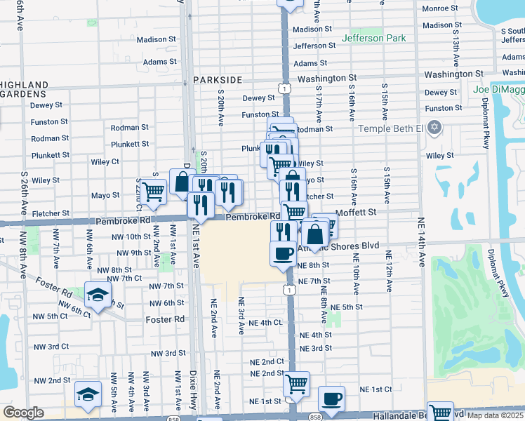 map of restaurants, bars, coffee shops, grocery stores, and more near 1921 East Pembroke Road in Hollywood