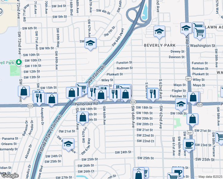 map of restaurants, bars, coffee shops, grocery stores, and more near 6512 Flagler Street in Hollywood
