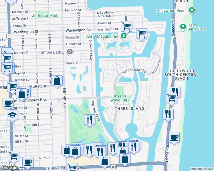 map of restaurants, bars, coffee shops, grocery stores, and more near 3 Islands Drive in Hallandale Beach