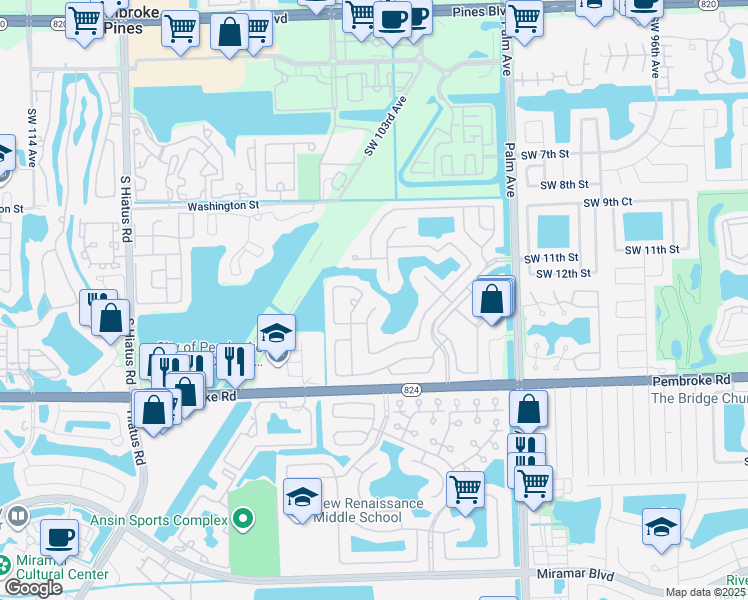 map of restaurants, bars, coffee shops, grocery stores, and more near 1300 Southwest 104th Avenue in Pembroke Pines