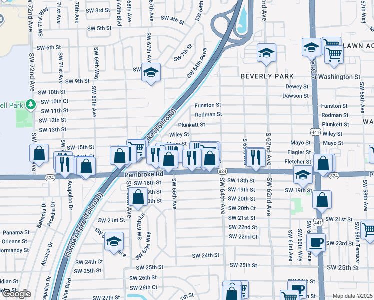 map of restaurants, bars, coffee shops, grocery stores, and more near 6512 Flagler Street in Hollywood