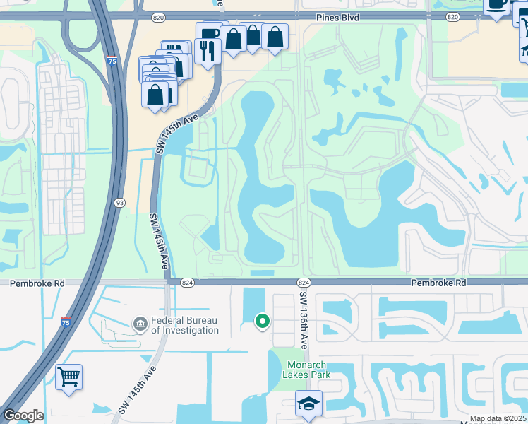 map of restaurants, bars, coffee shops, grocery stores, and more near 14655 Southwest 14th Street in Pembroke Pines