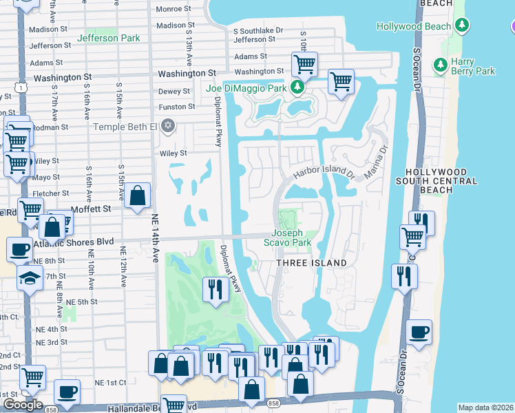 map of restaurants, bars, coffee shops, grocery stores, and more near 3 Islands Drive in Hallandale Beach