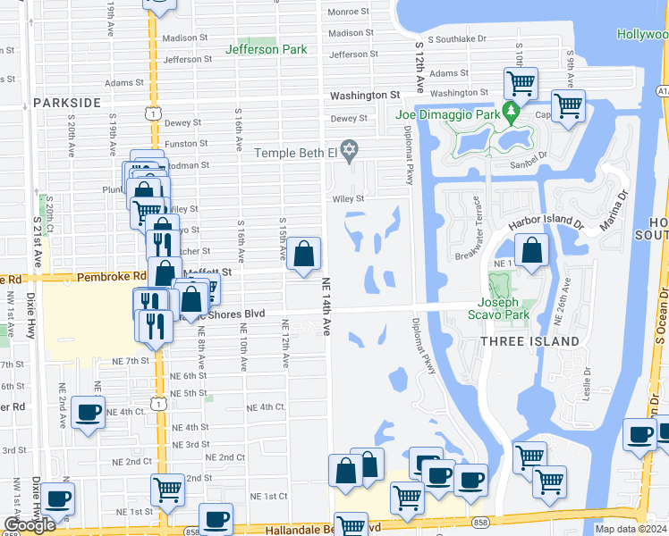 map of restaurants, bars, coffee shops, grocery stores, and more near 950 Northeast 14th Avenue in Hallandale Beach