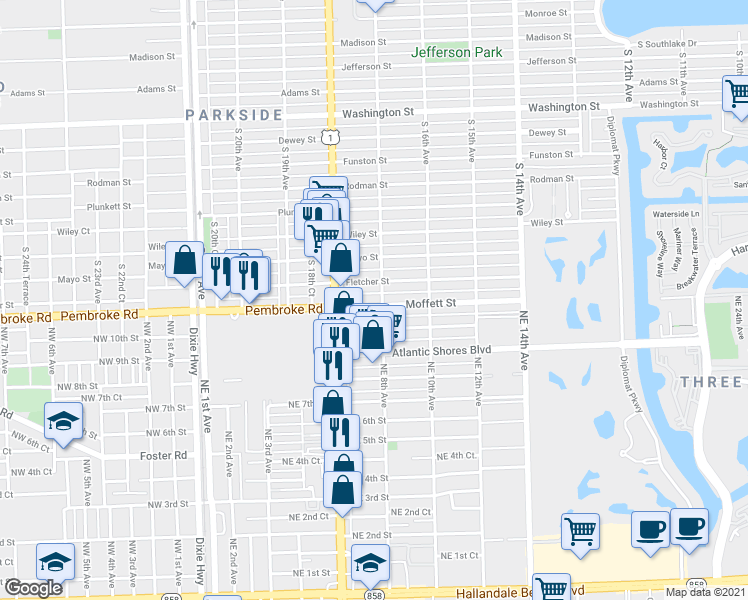 map of restaurants, bars, coffee shops, grocery stores, and more near 800 Moffett Street in Hallandale Beach