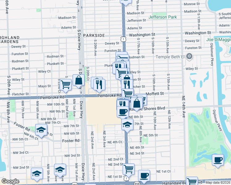 map of restaurants, bars, coffee shops, grocery stores, and more near 1600 South Federal Highway in Hollywood