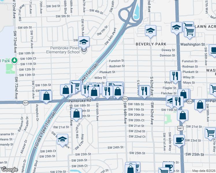 map of restaurants, bars, coffee shops, grocery stores, and more near 6432 Flagler Street in Hollywood