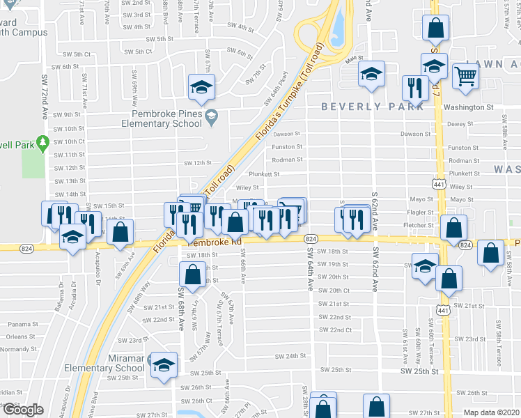 map of restaurants, bars, coffee shops, grocery stores, and more near 6512 Flagler Street in Hollywood