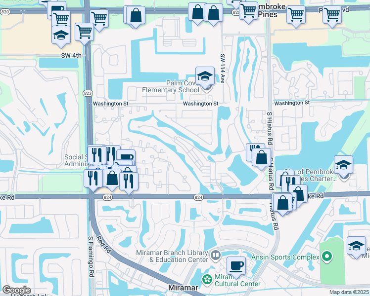 map of restaurants, bars, coffee shops, grocery stores, and more near 11716 Southwest 13th Lane in Pembroke Pines