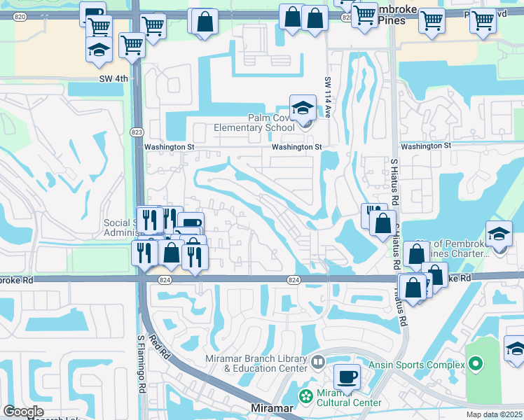 map of restaurants, bars, coffee shops, grocery stores, and more near 11716 Southwest 13th Lane in Pembroke Pines