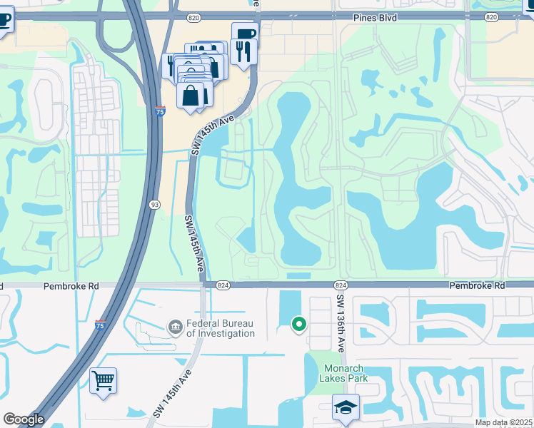 map of restaurants, bars, coffee shops, grocery stores, and more near 1301 Southwest 142nd Avenue in Pembroke Pines