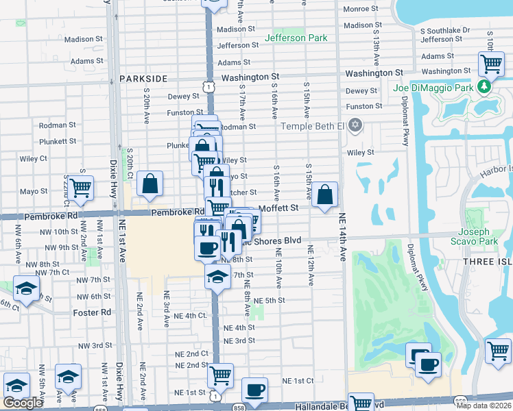 map of restaurants, bars, coffee shops, grocery stores, and more near 800 Moffett Street in Hallandale Beach