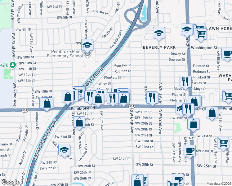 map of restaurants, bars, coffee shops, grocery stores, and more near 6441 Flagler Street in Hollywood