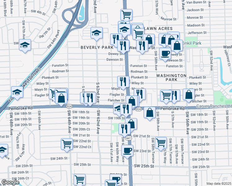 map of restaurants, bars, coffee shops, grocery stores, and more near 6022 Flagler Street in Hollywood
