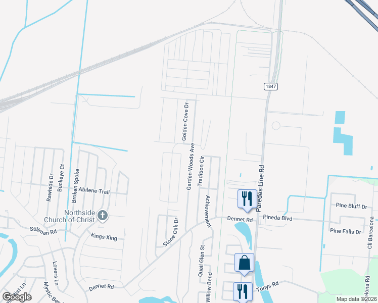 map of restaurants, bars, coffee shops, grocery stores, and more near 6717 Garden Woods Avenue in Brownsville