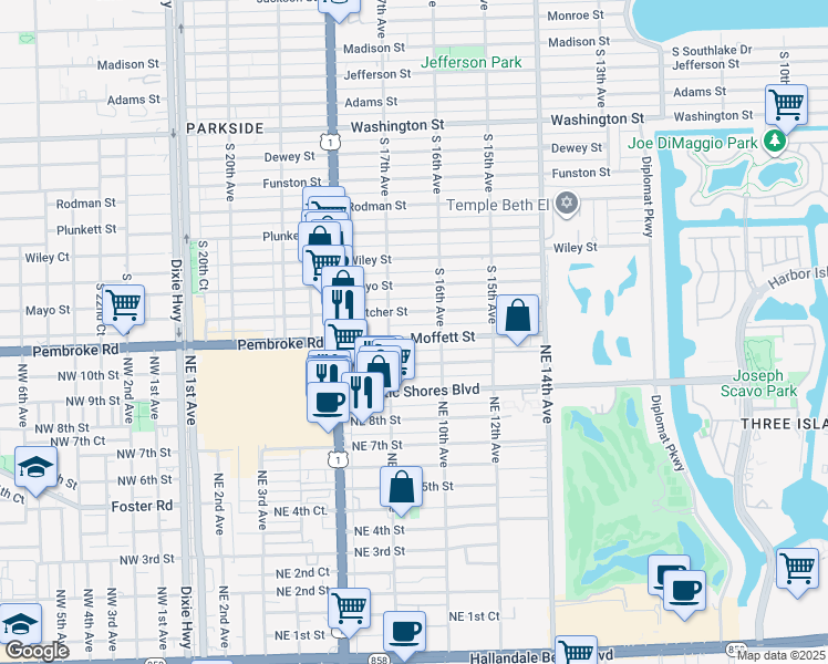 map of restaurants, bars, coffee shops, grocery stores, and more near 924 Moffett Street in Hallandale Beach