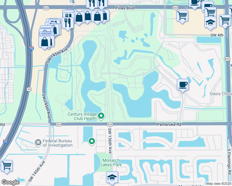 map of restaurants, bars, coffee shops, grocery stores, and more near 1301 Southwest 134th Way in Pembroke Pines