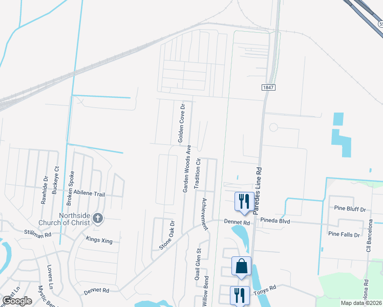 map of restaurants, bars, coffee shops, grocery stores, and more near 6718 Garden Woods Avenue in Brownsville