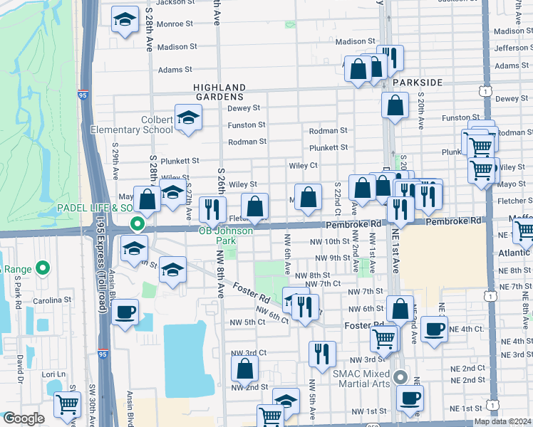 map of restaurants, bars, coffee shops, grocery stores, and more near 2457 Fletcher Street in Hollywood