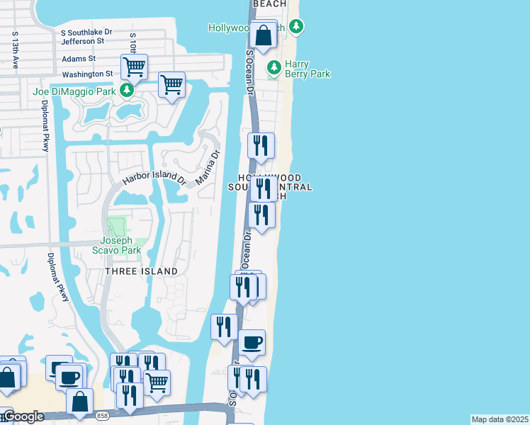 map of restaurants, bars, coffee shops, grocery stores, and more near 2501 South Ocean Drive in Hollywood