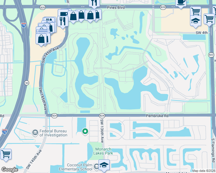 map of restaurants, bars, coffee shops, grocery stores, and more near 1301 Southwest 134th Way in Pembroke Pines