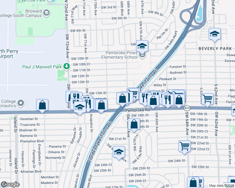 map of restaurants, bars, coffee shops, grocery stores, and more near 6820 Southwest 16th Street in Pembroke Pines