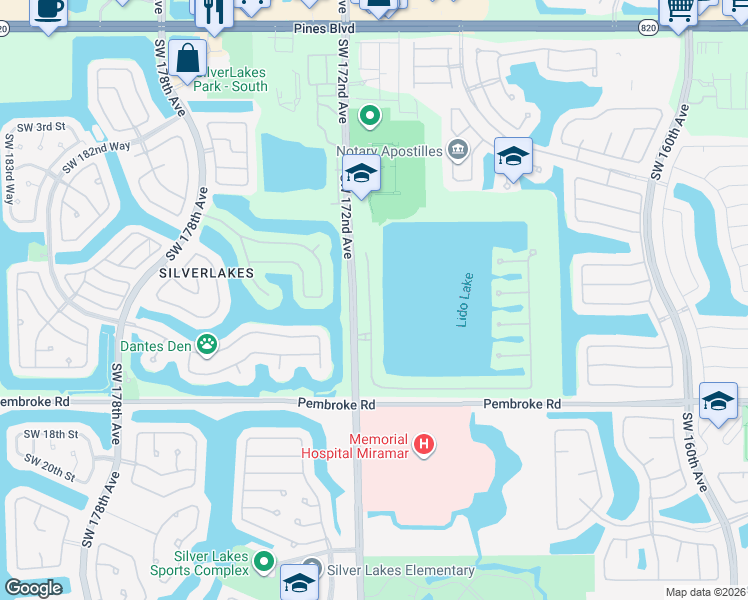 map of restaurants, bars, coffee shops, grocery stores, and more near 1071 Southwest 171st Terrace in Pembroke Pines