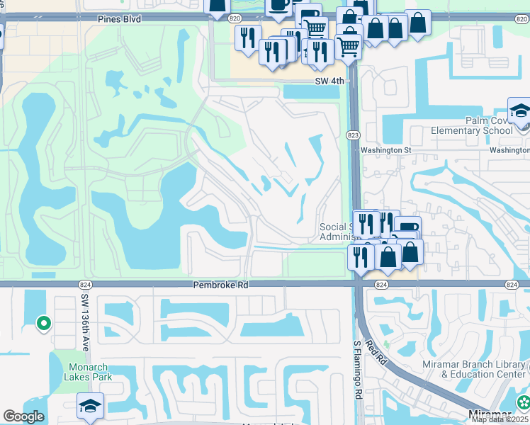 map of restaurants, bars, coffee shops, grocery stores, and more near 1401 Southwest 128th Terrace in Pembroke Pines