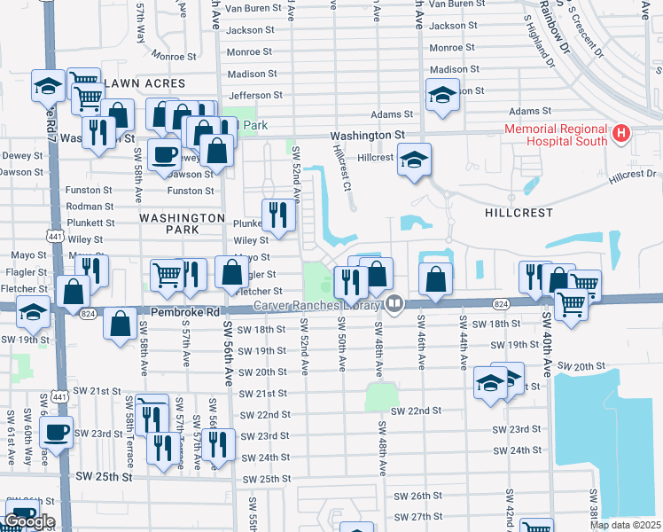 map of restaurants, bars, coffee shops, grocery stores, and more near 5199 Pembroke Road in Hollywood