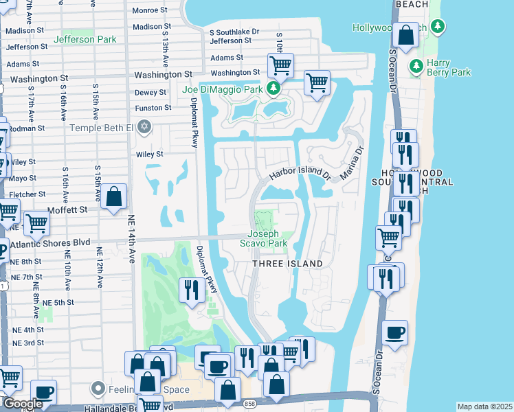 map of restaurants, bars, coffee shops, grocery stores, and more near 2200 Northeast 11th Street in Hallandale Beach