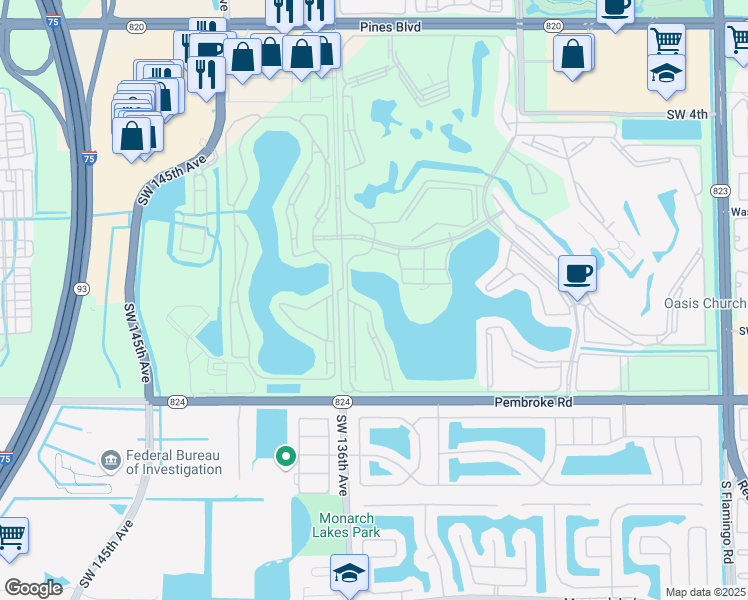 map of restaurants, bars, coffee shops, grocery stores, and more near 1301 Southwest 134th Way in Pembroke Pines