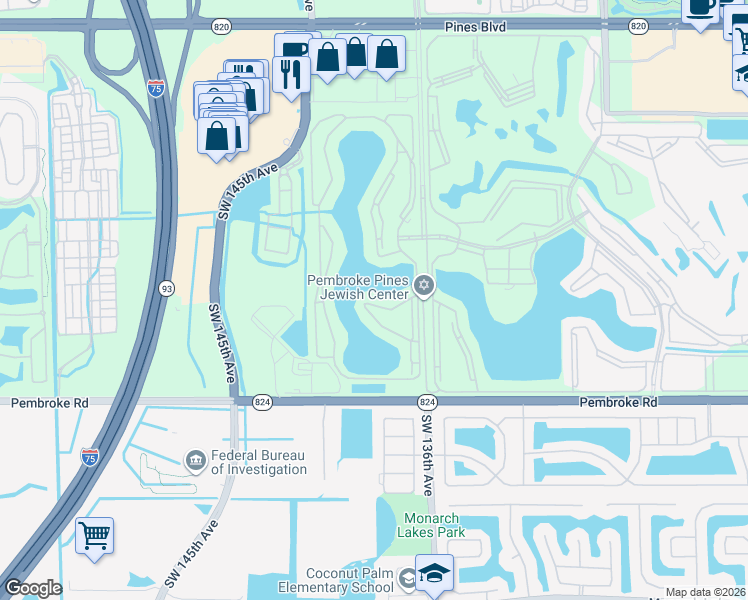 map of restaurants, bars, coffee shops, grocery stores, and more near 14655 Southwest 14th Street in Pembroke Pines