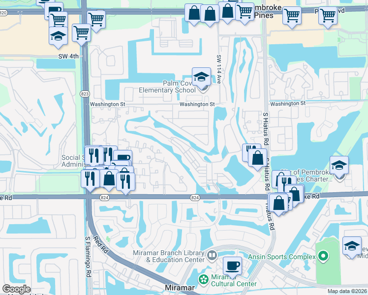 map of restaurants, bars, coffee shops, grocery stores, and more near 11652 Southwest 13th Court in Pembroke Pines