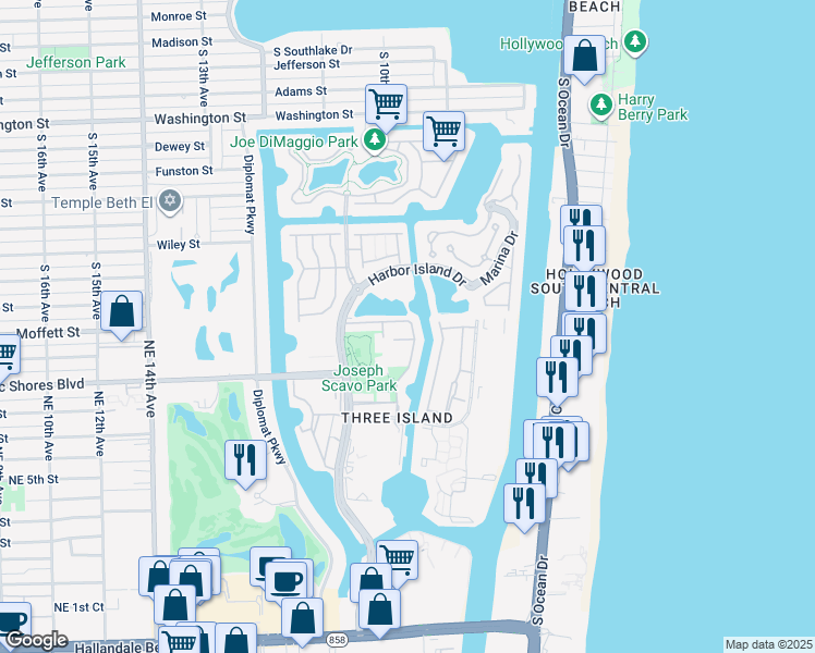 map of restaurants, bars, coffee shops, grocery stores, and more near 934 Northeast 25th Avenue in Hallandale Beach