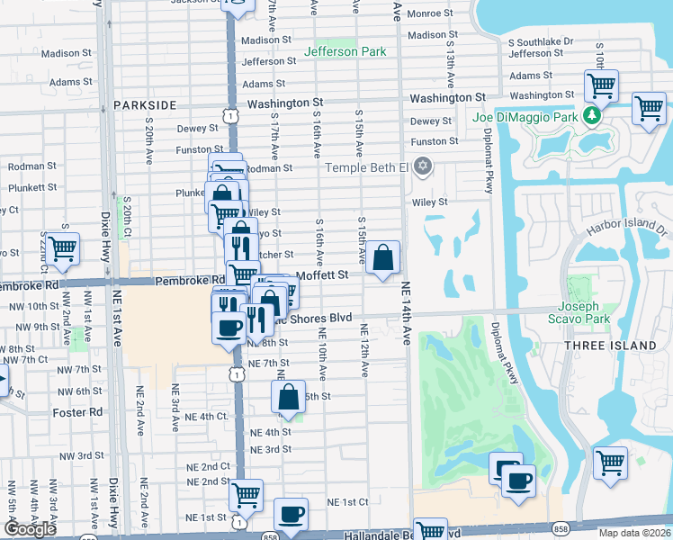 map of restaurants, bars, coffee shops, grocery stores, and more near 1100 Moffett Street in Hallandale Beach
