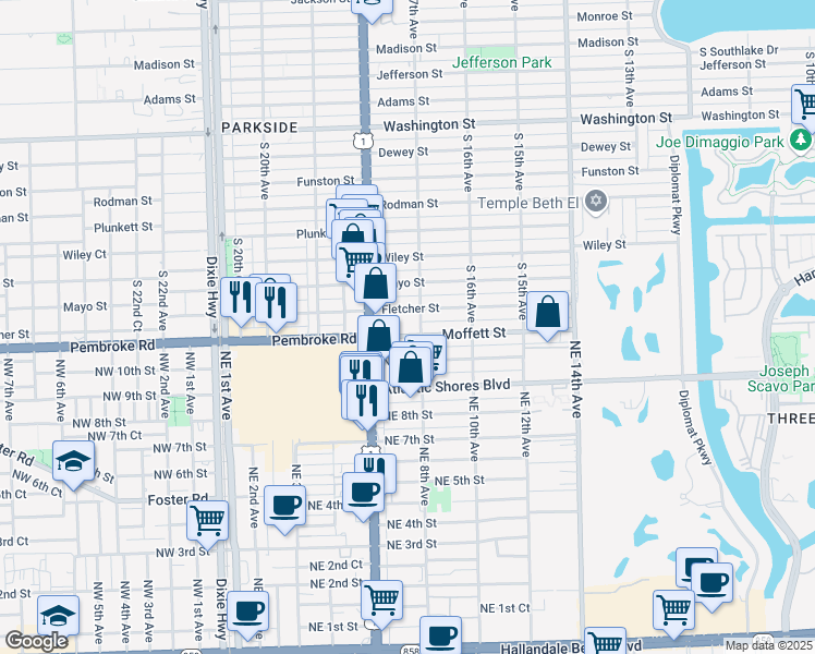 map of restaurants, bars, coffee shops, grocery stores, and more near 800 Moffett Street in Hallandale Beach