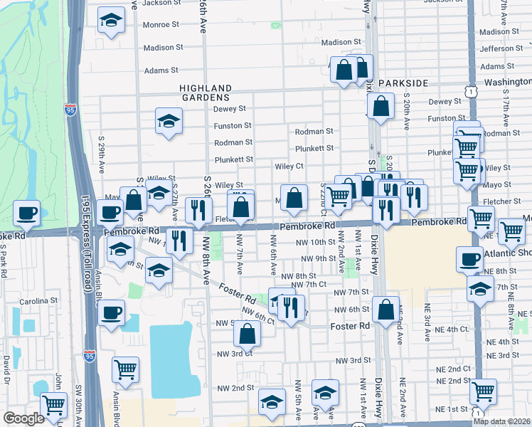 map of restaurants, bars, coffee shops, grocery stores, and more near 2441 Pembroke Road in Hollywood