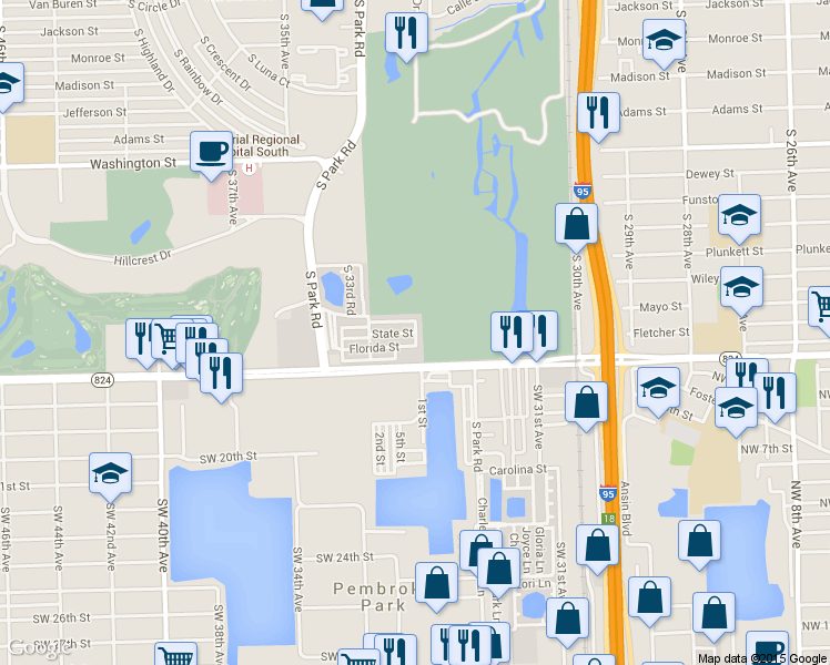 map of restaurants, bars, coffee shops, grocery stores, and more near 3204 Florida Street in Hollywood