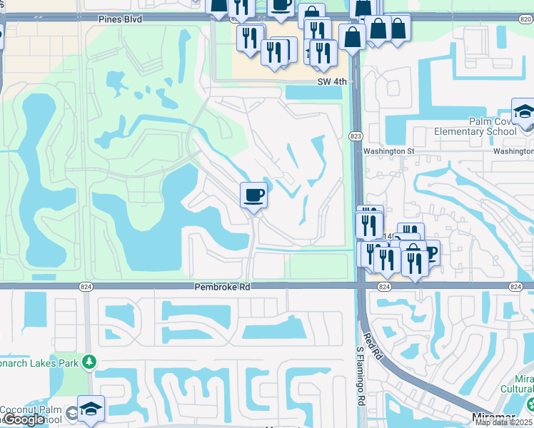 map of restaurants, bars, coffee shops, grocery stores, and more near 1401 Southwest 128th Terrace in Pembroke Pines