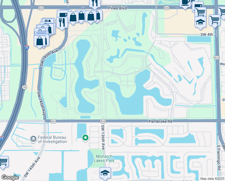 map of restaurants, bars, coffee shops, grocery stores, and more near 1301 Southwest 134th Way in Pembroke Pines