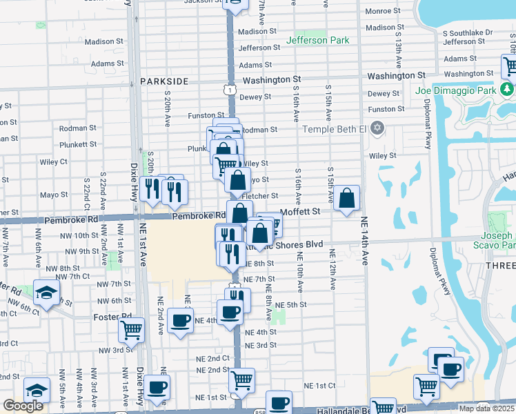 map of restaurants, bars, coffee shops, grocery stores, and more near 800 Moffett Street in Hallandale Beach