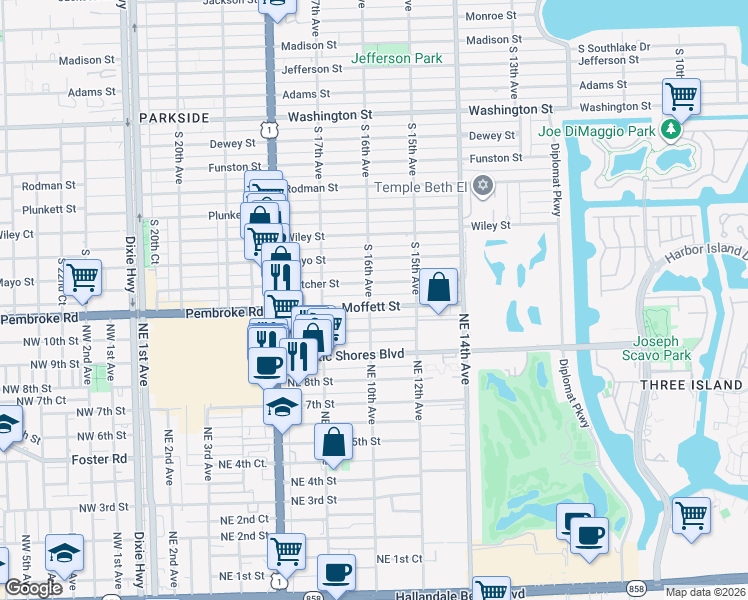 map of restaurants, bars, coffee shops, grocery stores, and more near 924 Moffett Street in Hallandale Beach